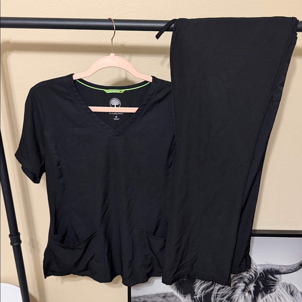 Healing hands Black V-Neck Scrub Top and Pant Set
